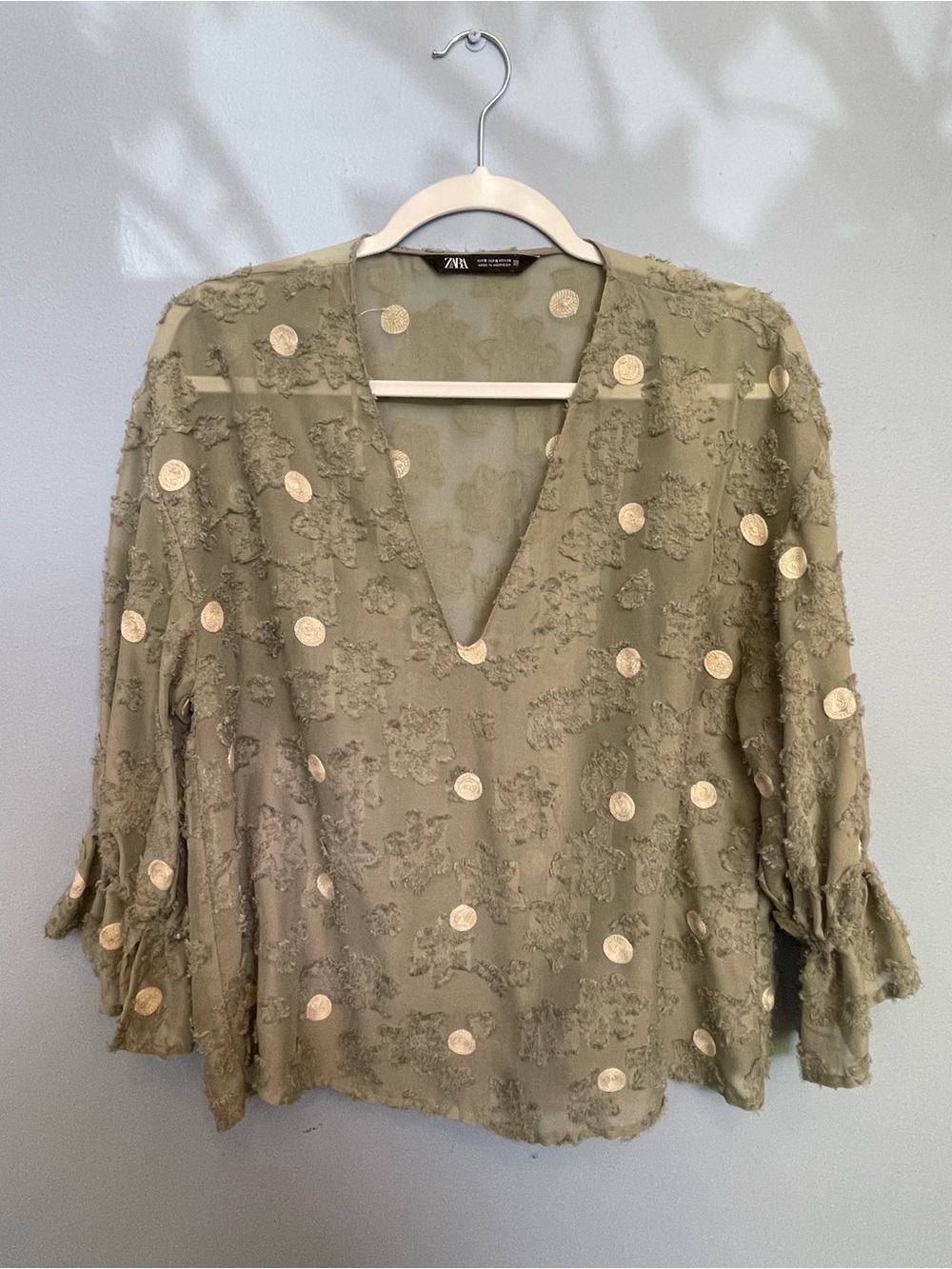 Zara Olive Green Textured V-Neck Blouse with Embroidery Dot Accent